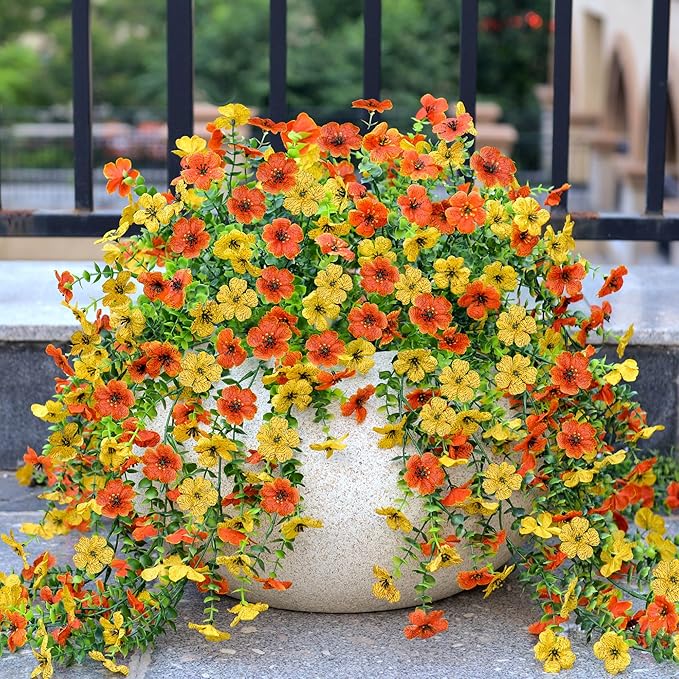 Fake Mums Artificial Hanging Flowers for Outdoor Fall Decoration, 2 PCS Silk Daisy Flower Realistic Faux Plants UV Resistant for Porch Patio Window Yard Outside Autumn Decor(Yellow Orange)