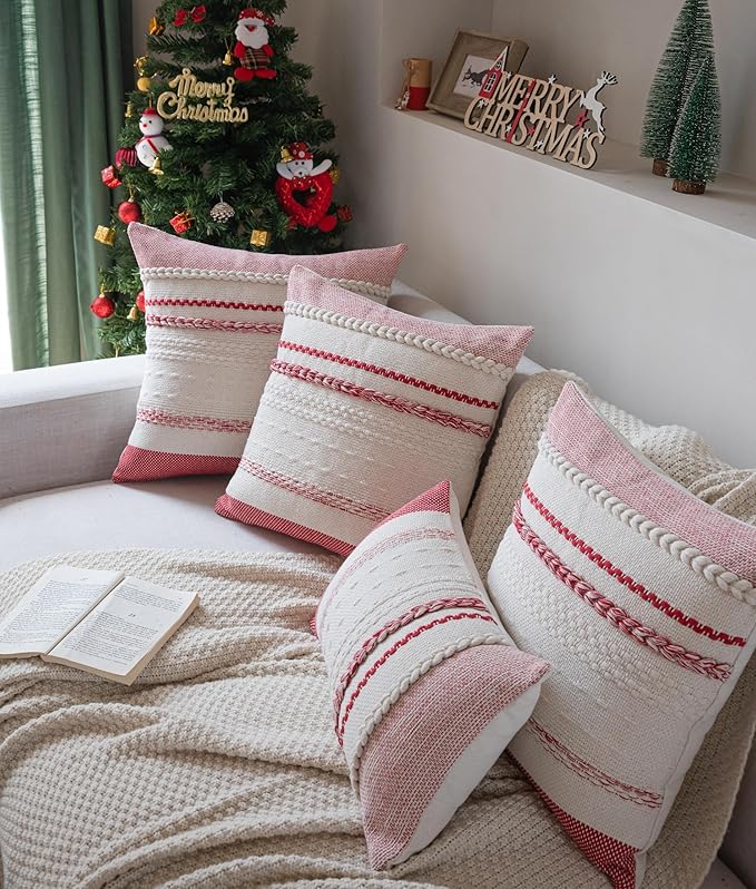 Valentines Pillow Covers 20x20 Inch Set of 2, Red Textured Boho Valentines Day Decoration Pillow Cases for Farmhouse Home Decor, Accent Cushion Cover for Sofa, Bed, Living Room, Bedroom