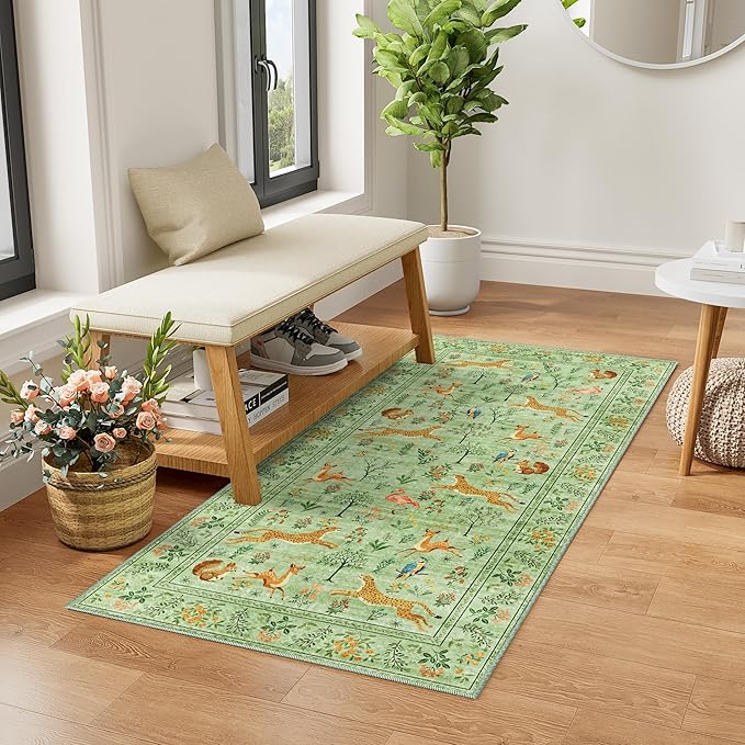 DUKINO 2x4 Rug for Hallway, Washable Kitchen Runner Rug with Non Slip Backing, Soft Low Pile Vintage Animal Runner for Bedroom, Kitchen, Hallway, Entryway, Laundry, Light Green