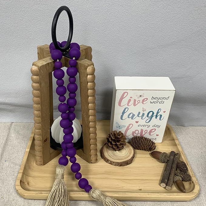 Handcrafted Farmhouse Wooden Decorative Beads Garland, Table Tray Boho Wood Beads with Tassel, Small Rustic Antique Decor for Home and Events (Royal Purple)
