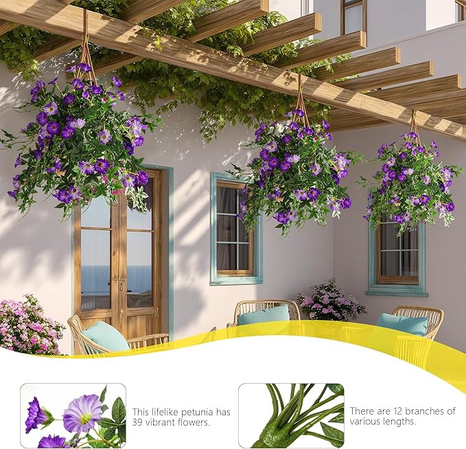 Artificial Flowers Artificial Petunias for Outdoors 2PCS Artificial Hanging Plants Outdoor Silk Flowers with Stems Outdoor Flowers Uv Resistant for Porch Decor Terrace Decor（Purple）Without Pot