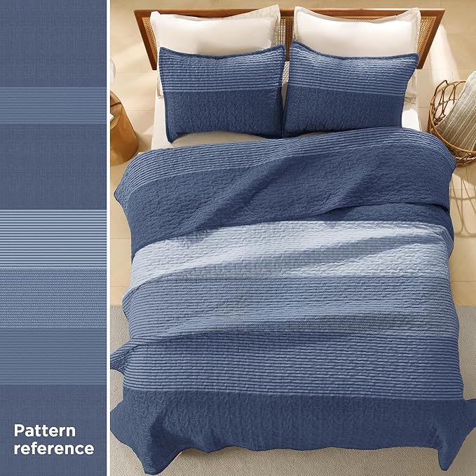 Litanika Quilt King Size Sapphire Blue, Stripe Patchwork Summer Bedspread Coverlet 3 Pieces, Soft Lightweight Microfiber Quilted Bedding Set for All Season(1 Quilt, 2 Pillowcases)