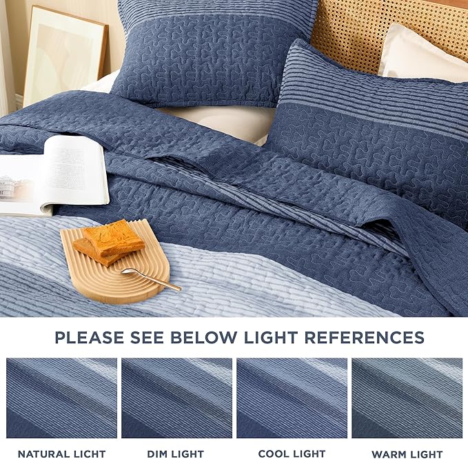 Litanika Quilt King Size Sapphire Blue, Stripe Patchwork Summer Bedspread Coverlet 3 Pieces, Soft Lightweight Microfiber Quilted Bedding Set for All Season(1 Quilt, 2 Pillowcases)