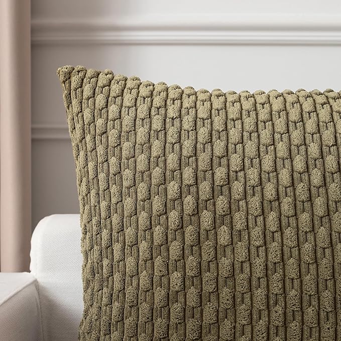 Kevin Textile Pack of 2 Corduroy Decorative Throw Pillow Covers 12x20 Inch Soft Boho Striped Pillow Covers Modern Farmhouse Home Decor for Sofa Living Room Couch Bed Olive Green