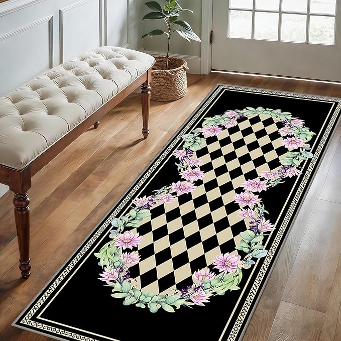 Vintage Farmhouse Checkered Hallway Carpet, 4x10ft, Elegant Floral Flower Checkerboard Indoor Throw Rugs, Absorbent Washable Foldable No Crease High Traffic Mat for Laundryroom Floor