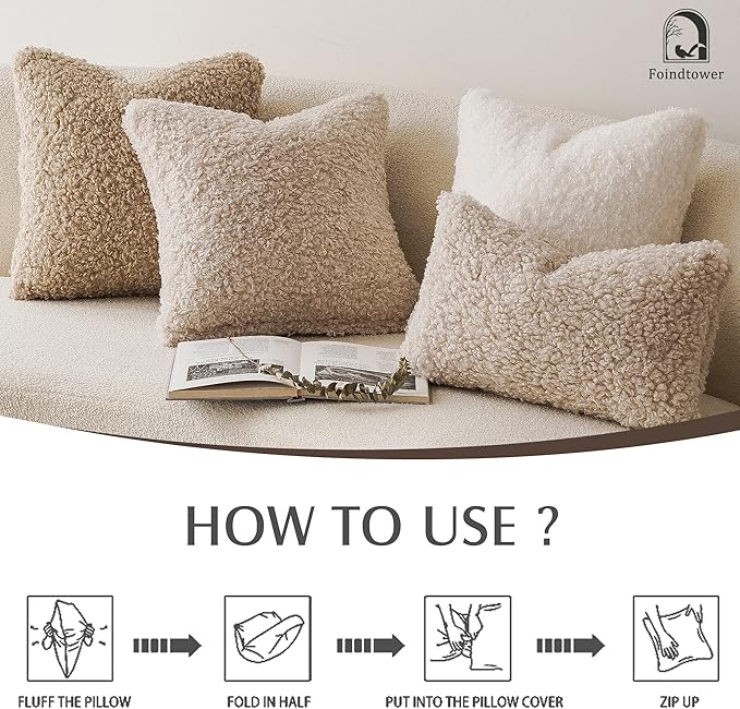 Foindtower 2 Pieces Faux Fur Throw Pillow Cover Decorative Sherpa Pillow Fuzzy Accent Pillowcases Soft Sheepskin Fleece Cushion Case for Bed Couch Living Room 18x18 Inch Neutral Cream