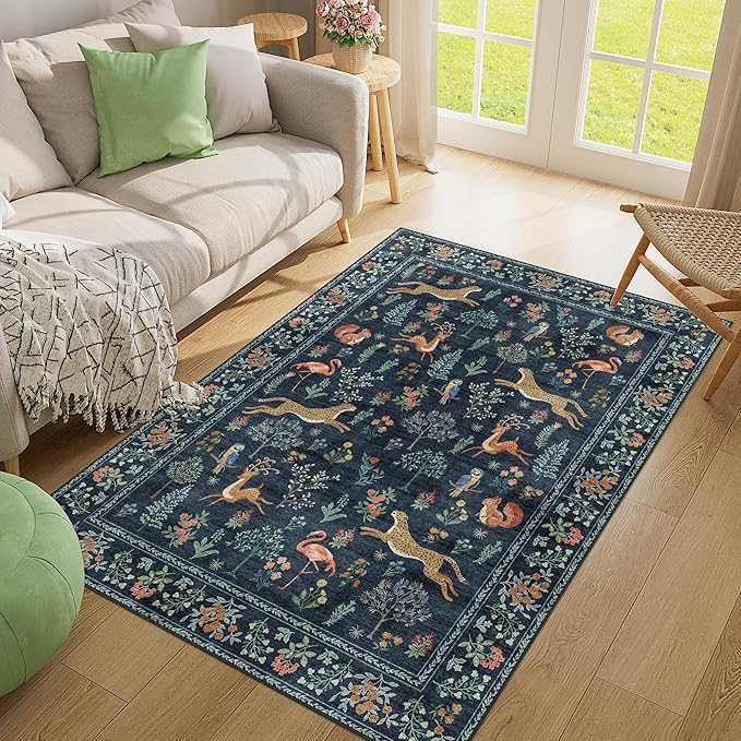 DUKINO 4x6 Rug, Washable Animal Area Rug with Non Slip Vintage Design, Indoor Soft Low Pile Carpet for Bedroom, Nursery, Dining Room, Farmhouse, Playroom, Navy Blue