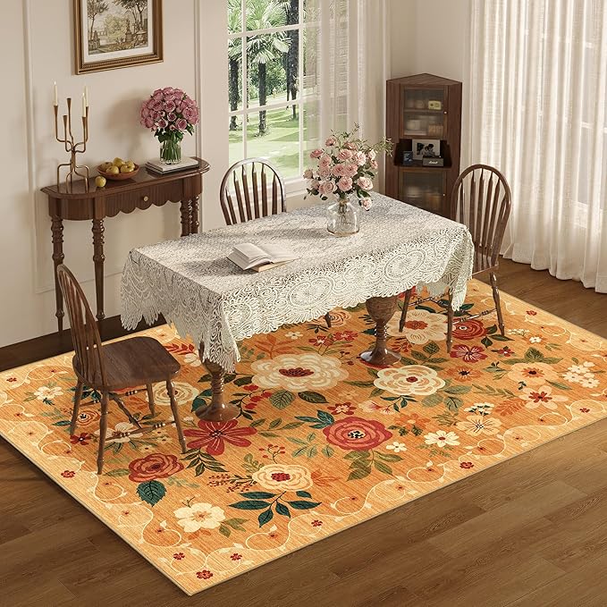 DUKINO 8x10 Area Rug, Floral Rugs for Living Room, Lightweight Non Slip Washable Rug, Indoor Low Pile & Non-Shedding Boho Design Rugs for Bedroom, Living Room, Dining Room, Orange