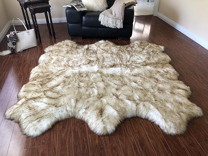 Free Shape Luxury Soft Fluffy Shag Area Rug Sexto 6 Pelts 6'x6',180x180 cm - Vegan Fur Ultra Soft Indoor Carpet Nursery Rugs for Bedroom Home Decor, White with Brown Tips