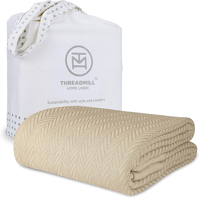 Threadmill Luxury Cotton Blankets for King Size Bed | All-Season Cozy 100% Cotton King Size Blanket | Herringbone Soft Fall Thermal Blanket fits California King Size Bed, 106x92 | Beige