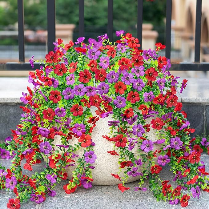 Artificial Hanging Flowers for Outdoors Faux Plants Decoration, 2 Packs Fake Silk Daisy Flower Realistic Outdoor Flowers UV Resistant Porch Patio Window Yard Outside Decor(Red Purple)
