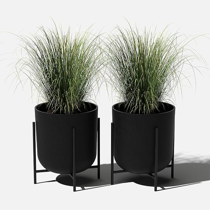 Veradek Mason Series Raised Lima Planter - Round Planter for Patio/Balcony | Plastic-Stone Composite w/Metal Plant Stand | Modern Décor for Plants