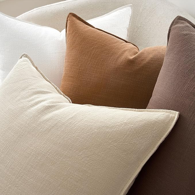 Solid Linen Neutral Brown Pillow Covers with Flange Design Pack of 4 Decorative Brown Throw Pillow Covers Soft Accent Boho Couch Pillowcases Farmhouse for Living Room Bed Sofa 16x16 Inch