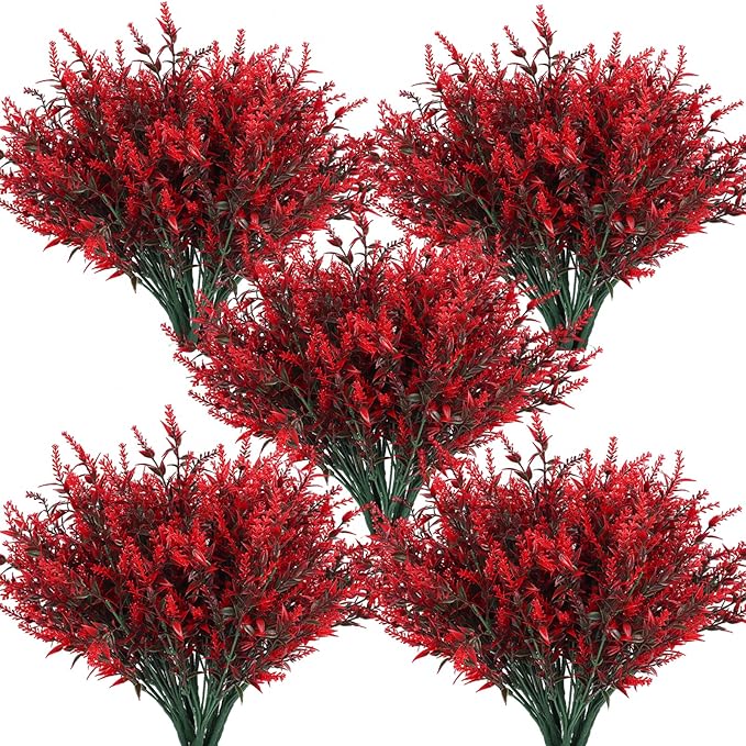 RECUTMS Spring Decoration, Artificial Greenery,36 Pcs Artificial Flowers Outdoors Fake Lavender Plants Indoor UV Resistant Plastic Faux Bouquets for Outdoor Home Garden Porch Decoration(Red)