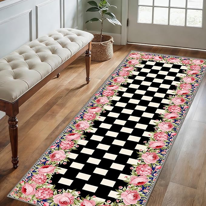 Checkered Floral Design Runner Rug for Entryway, 4x12ft, Pink Rose Luxury Fall Decor Area Carpets for Bedroom, Absorbent Machine Washable Shed Resistant Non-Slip Throw Rugs for Entry