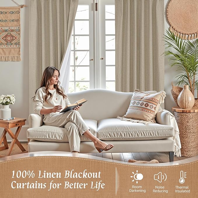 LAMIT Natural 100% Blackout Linen Curtains, 54 Inches Linen Textured Thermal Bedroom Curtains Back Tab and Rod Pocket Neutral Panels with White Liner for Farmhouse, 2 Panels, 42 x 54 Inch, Taupe