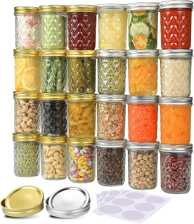 SPANLA Mason Jars 8 oz, 24 Pack Canning Jars 8 oz Half Pint Glass jars with Regular Lids and Bands, Small Mason Jars with Lids Ideal for Jelly Jam Honey Wedding Favors Shower Favors Food