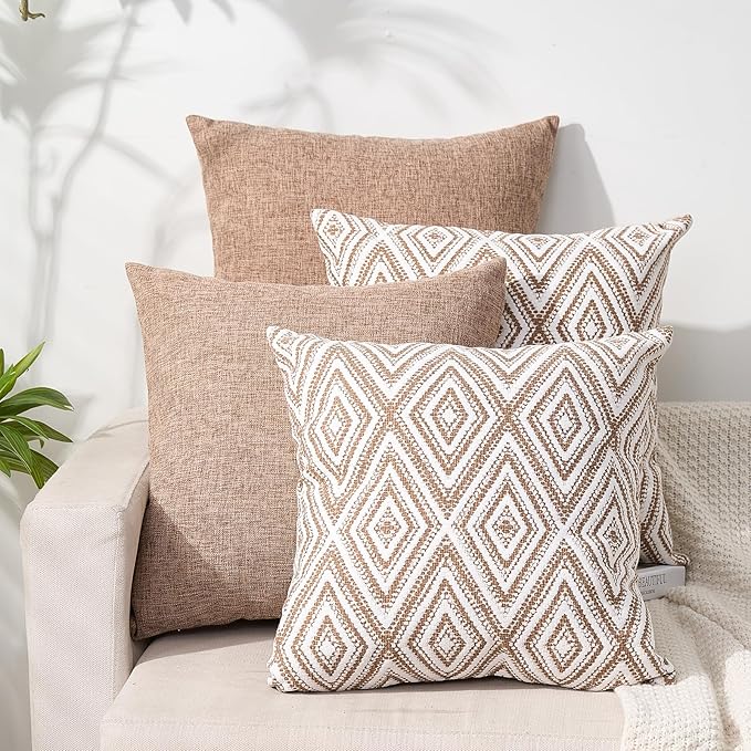 HPUK Decorative Throw Pillow Covers Set of 4 Geometric Design Linen Cushion Cover for Couch Sofa Living Room, 20"x20" inches, Light Brown