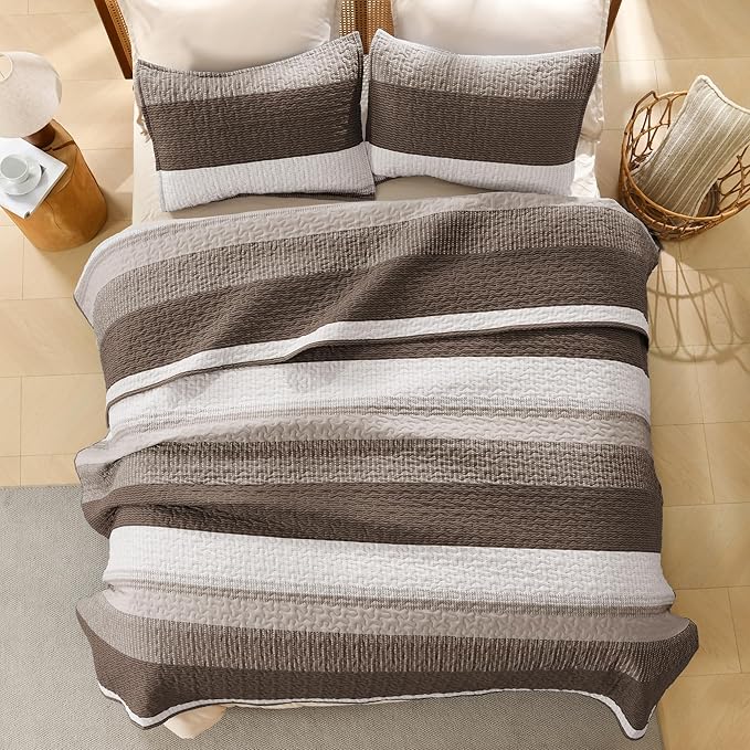Litanika Quilt Queen Size Brown, Stripe Patchwork Summer Bedspread Coverlet 3 Pieces, Soft Lightweight Microfiber Quilted Bedding Set for All Season(1 Quilt, 2 Pillowcases)