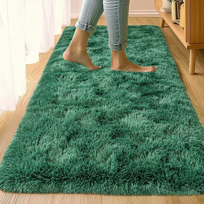 Small Runner Rugs for Bedroom Hallways, 2x4 Runners for Hallways Fluffy Shag Throw Area Rug Non Slip for Bedside Dorm, Shag Rugs for Girls Boys Bedroom, Floor Carpet Runner for Kids Dorm, Dark Green