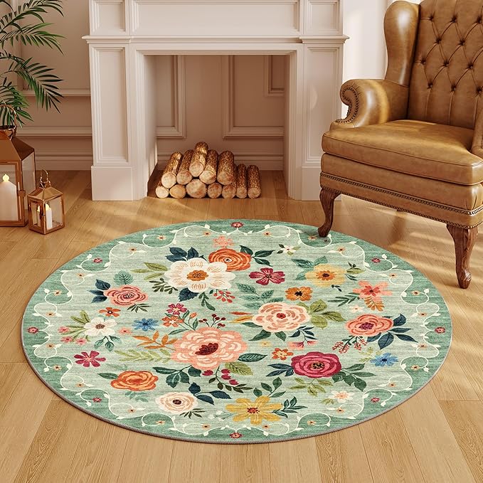 DUKINO Floral Round Rug, 4ft Washable Round Area Rug, Non Slip Indoor Low Pile Circle Rug, Soft Small Boho Design Circle Rug for Bedroom, Entryway, Living Room, Dining Room, Green