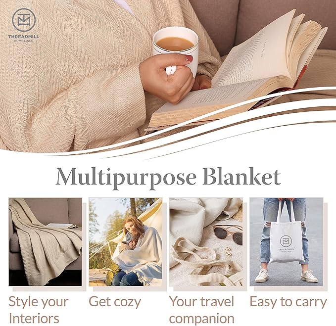 Threadmill Vanilla Cream 100% Combed Cotton King Size Blanket, All-Season Soft Breathable Light Weight Herringbone Throw