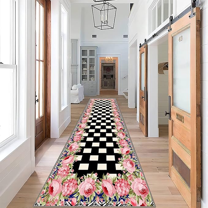 Checkered Floral Design Runner Rug for Entryway, 2.6x7ft, Pink Rose Luxury Fall Decor Area Carpets for Bedroom, Absorbent Machine Washable Shed Resistant Non-Slip Throw Rugs for Entry