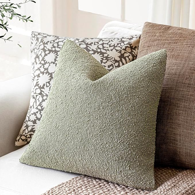 Foindtower Decorative Textured Boucle Throw Pillow Covers Accent Solid Pillow Cases Neutral Soft Cozy Couch Cushion Case for Chair Sofa Bedroom Living Room Home Decor 16x16 Inch,1PC,Dirty Sage Green