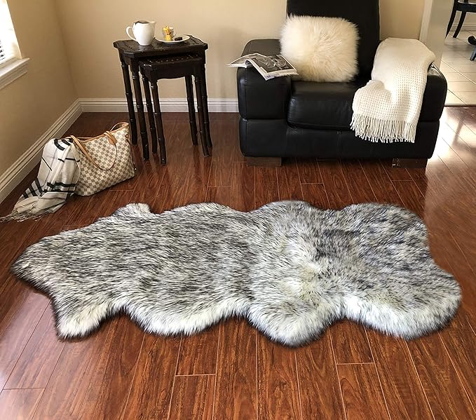 Free Shape Luxury Soft Fluffy Shag Area Rug Single and a Half 2'x4', 60x120cm - Vegan Fur Ultra Soft Indoor Carpet Nursery Rugs for Bedroom Home Decor, White with Black Tips