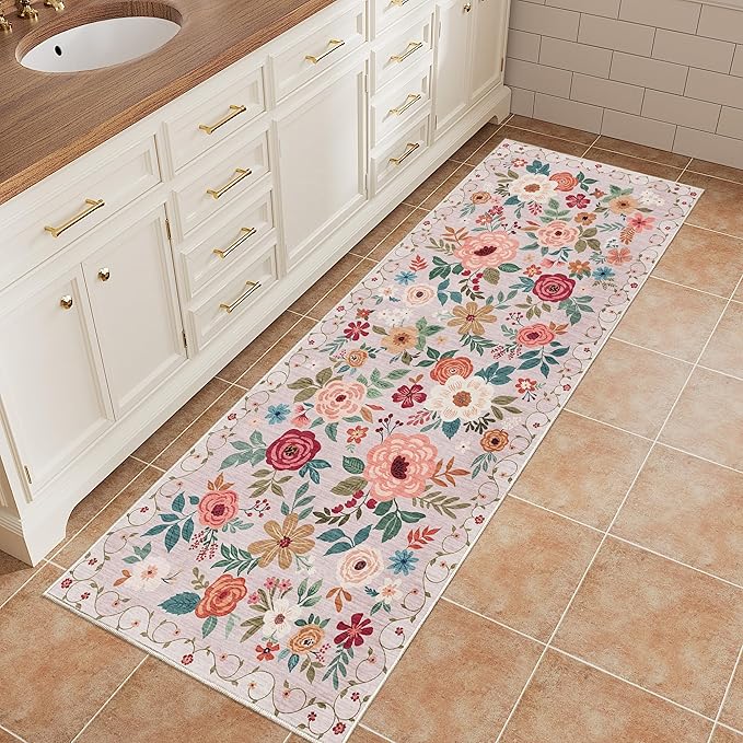 DUKINO 2x5 Runner Rug for Hallway, Washable Kitchen Floral Runner Rug with Non Slip Backing, Low Pile Soft Boho Carpet for Kitchen, Hallway, Entryway, Laundry, Bedroom, Beige