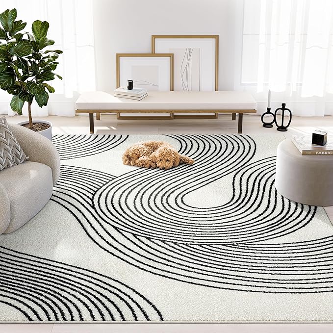 Abani Nuevo Beige Black Swirls Modern Area Rug 6' x 9' for Living Room, Bedroom - Abstract Design - Durable & Easy to Clean
