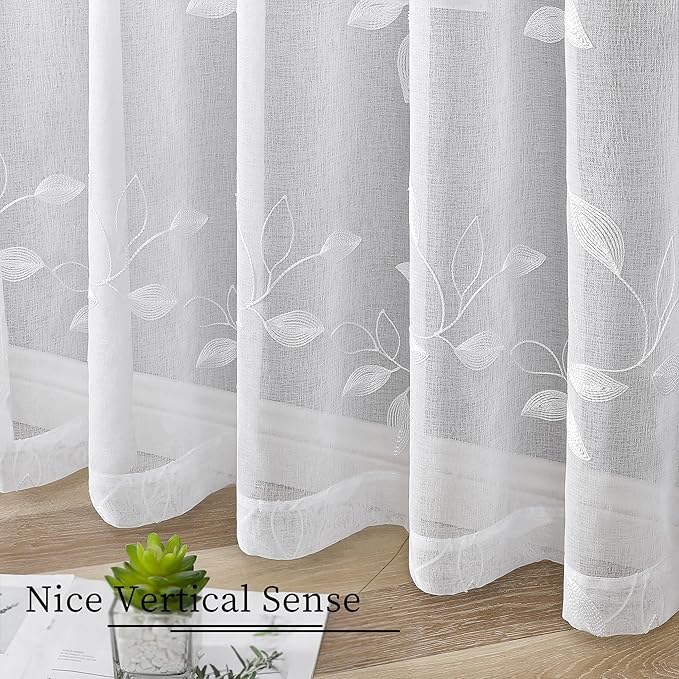 Tollpiz White Leaf Sheer Curtains Leaves Embroidered Bedroom Short Curtain Rod Pocket Voile Window Treatment for Living Room, 38 x 54 inches Long, Set of 2 Panels