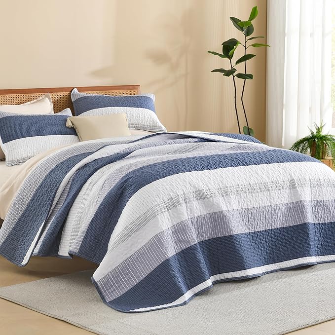 Litanika Oversized Queen Quilt Set Mineral Blue, 98x98 Stripe Bedspread Coverlet 3 Pieces, Mineral Blue Lightweight Quilted Bedding Set for All Season(Oversized Queen-1 Quilt, 2 Pillowcases)