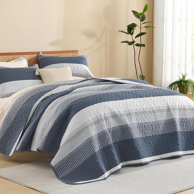 Litanika Oversized King Quilt Set Navy Blue, 128x120 Stripe Bedspread Coverlet 3 Pieces, Navy Blue Lightweight Quilted Bedding Set for All Season(Super King Plus-1 Quilt, 2 Pillowcases)