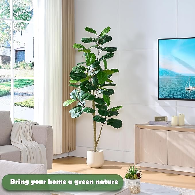 Artificial Fiddle Leaf Fig Tree, 7FT Tall Faux Ficus Lyrata Fake Tree in White Pot, Artificial Tree Indoor Decor, Fiddle Leaf Fig Tree Fake Plant for Home Office Living Room Decoration Modern
