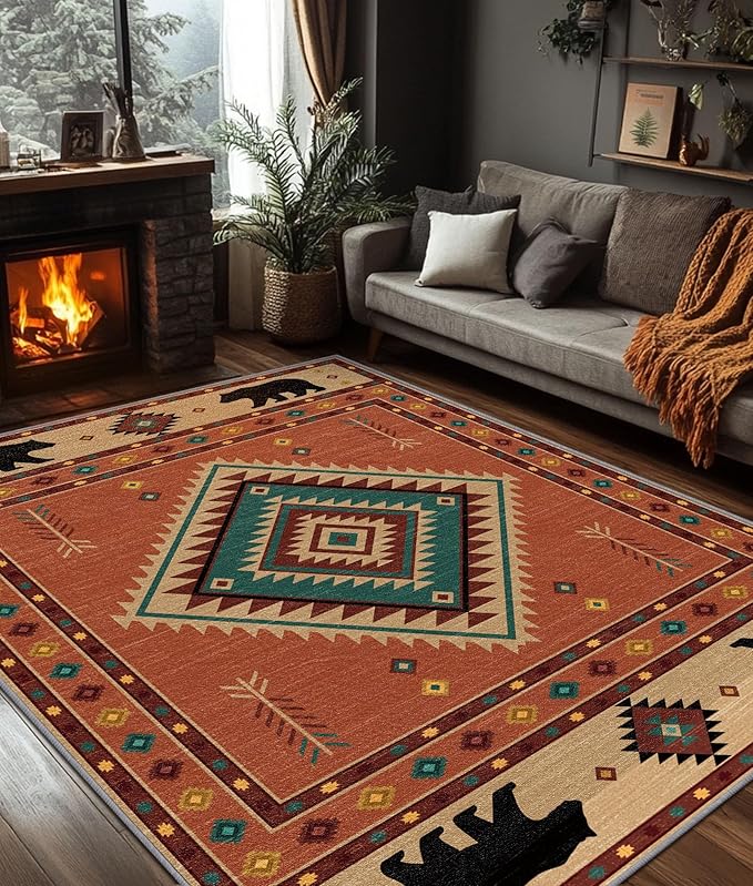 Cabin Rug 4x5 - Bear Southwestern Aztec Area Rugs for Bedroom Living Room, Rustic Western Machine Washable | Non-Slip | Soft Carpets, Native American Room Decor (Orange Tan Black)