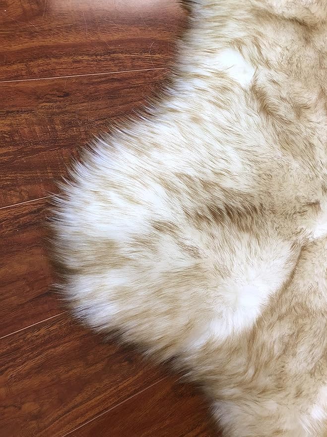 Free Shape Luxury Soft Fluffy Shag Area Rug Single 2’x3’, 60x90cm - Vegan Fur Ultra Soft Indoor Carpet Nursery Rugs for Bedroom Home Decor, White with Brown Tips