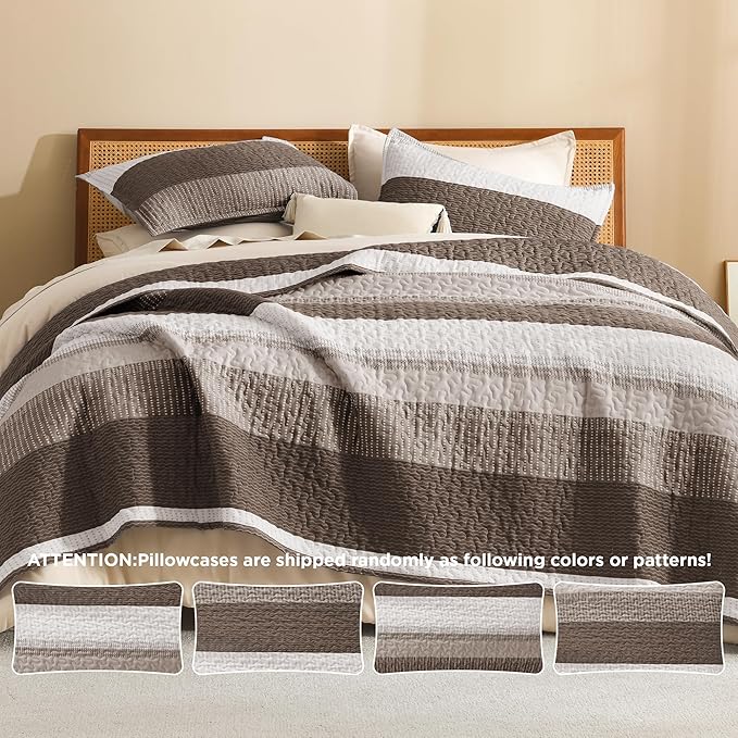 Litanika Quilt Queen Size Brown, Stripe Patchwork Summer Bedspread Coverlet 3 Pieces, Soft Lightweight Microfiber Quilted Bedding Set for All Season(1 Quilt, 2 Pillowcases)