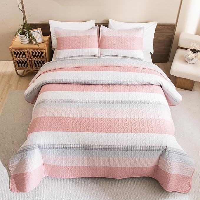 Litanika California King Quilt Set Pink - Cal King Oversized Stripe Comforter Bedspreads & Coverlets - Soft Lightweight Quilted Bedding Set for All Season(1 Quilt, 2 Pillowcases)