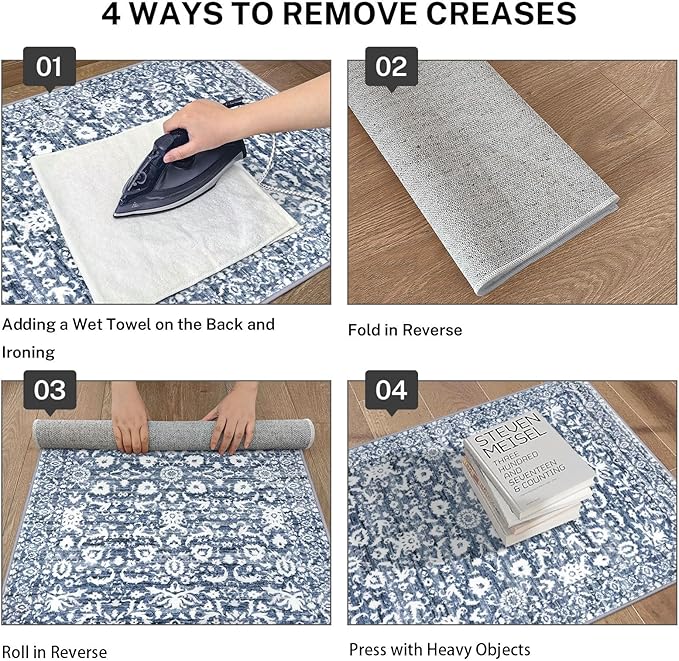Vintage Runner Rug 3x10, Light Blue White Washable Kitchen Runner Non-Slip Soft Hallway Rug Runner Floral Thin Print Faux Wool Carpet for Entryway Bedroom Laundry Room Indoor Home Office Decor