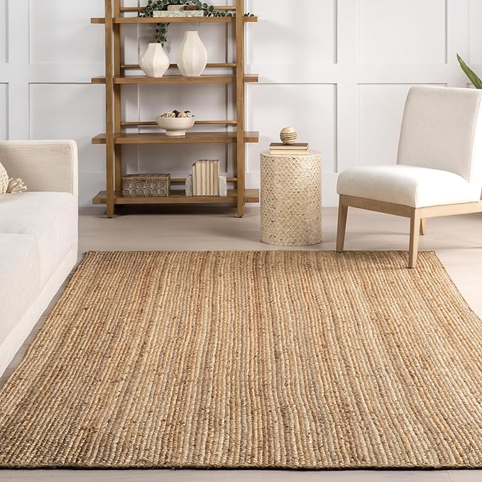 nuLOOM 3 Round Rigo Jute Hand Woven Area Rug, Natural, Solid Farmhouse Design, Natural Fiber, For Bedroom, Living Room, Dining Room, Hallway, Office, Kitchen, Entryway