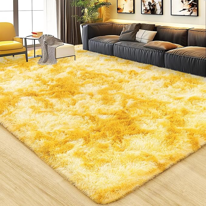 Ultra Fluffy Rug for Living Room Bedroom, 5x7 Fuzzy Large Area Rug for Living Room, Plush Soft Shag Carpet for Girl Boy Kids, Non Slip Rug Modern Indoor Home Decor Aesthetic, Tie-Dyed Yellow