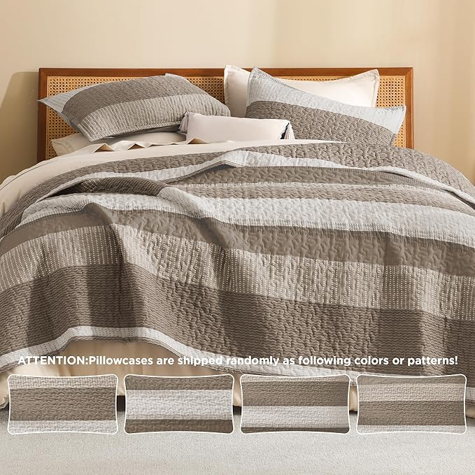 Litanika Quilt Queen Size Hazel, Stripe Patchwork Summer Bedspread Coverlet 3 Pieces, Soft Lightweight Microfiber Quilted Bedding Set for All Season(1 Quilt, 2 Pillowcases)
