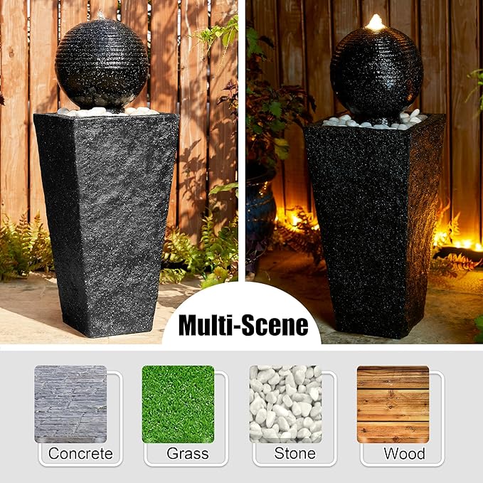Glitzhome Outdoor Water Fountain with LED Light, Decorative Black Pedestal Water Fountains with Submersible Pump, Modern Sphere Floor Fountain with Pebbles for Garden Patio Decor Porch, 31.75”H