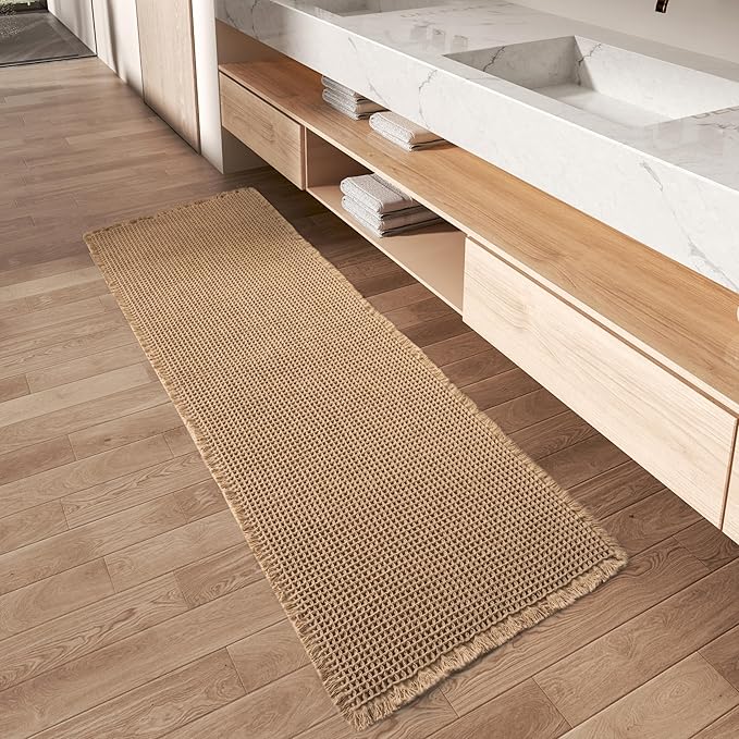 Upgraded Waffle Runner Rug Super Absorbent Non Slip Bath Mats for Bathroom Floor, Machine Washable Bathroom Runner Rug with Tassels, Ideal for Hallway Bedroom Laundry Room, Brown, 2'x 4'(24" x 48")