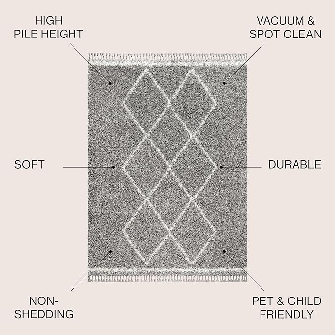 JONATHAN Y Mercer Shag Plush Tassel Gray/Cream Indoor Area Rug, 4x6, Moroccan Geometric Trellis, Bohemian, Easy-Cleaning for Living Room, Bedroom, Kitchen, Pet Friendly, Non-Shedding (MCR103C-4)
