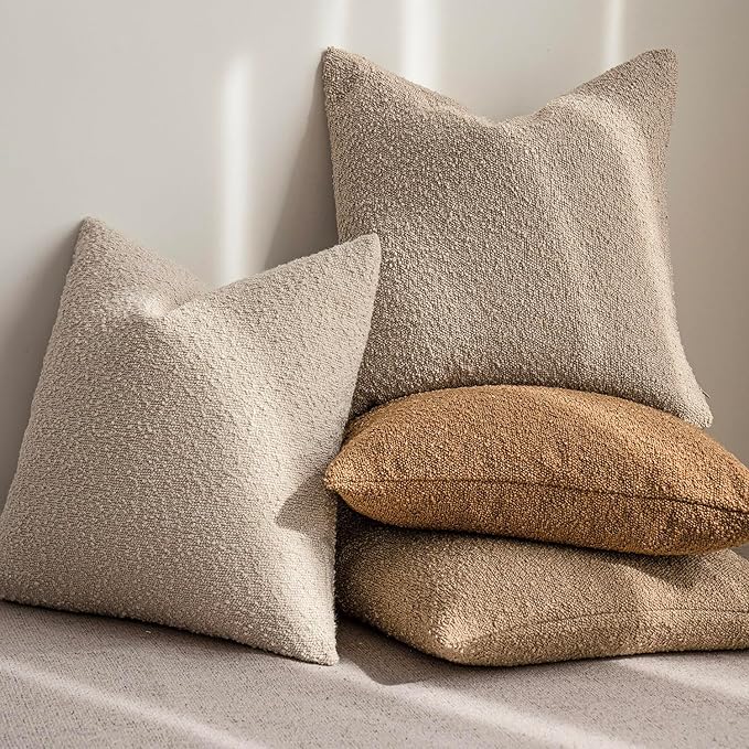 Foindtower Decorative Textured Boucle Throw Pillow Covers Accent Solid Pillow Cases Neutral Soft Cozy Couch Cushion Case for Chair Sofa Bedroom Living Room Home Decor 16x16 Inch,1PC,Tobacco