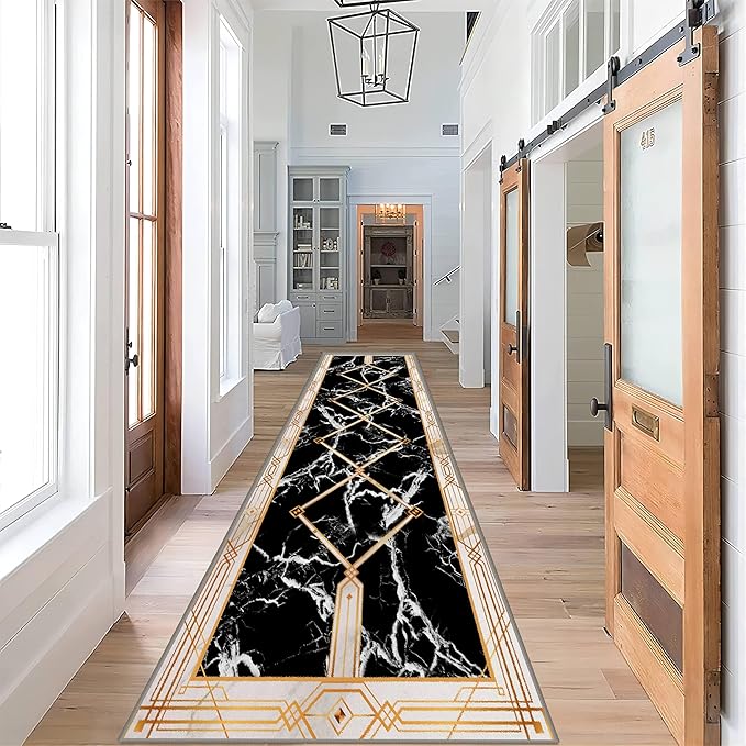 Abstract Marble Texture Throw Carpet Runner for Entrance, 4x12ft, Luxury Gold Geometric Line Bedroom Rug, Dirty Resistant Absorbent Bathroom Decor Washable Area Carpet for Office
