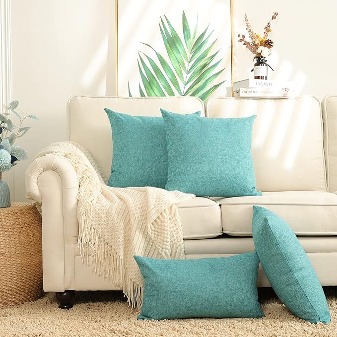 Stellhome Burlap Throw Pillow Covers Textured Farmhouse Pillowcase 20x20 inch Decorative Linen Cushion Covers for Bed Couch Sofa Bench, Set of 2, Blue Green