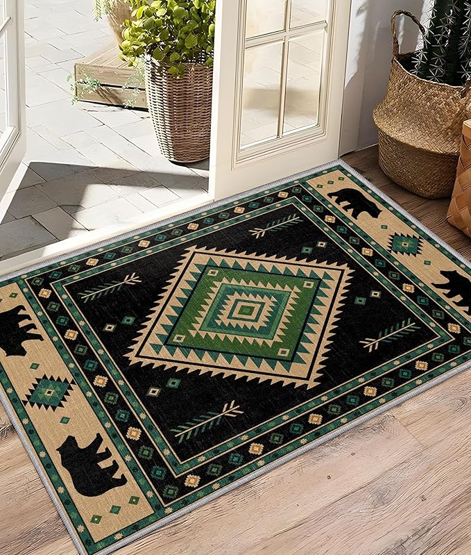 Southwestern Rug 7x10 - Native American Bear Cabin Area Rugs for Living Room Bedroom, Rustic Tribal Machine Washable | Non-Slip | Soft Large Carpets, Aztec Room Decor (Green Tan Black)